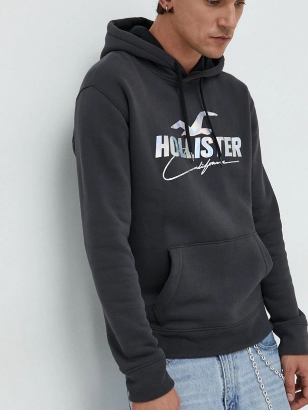 Hollister Small Charcoal Hoodie with Iridescent Logo